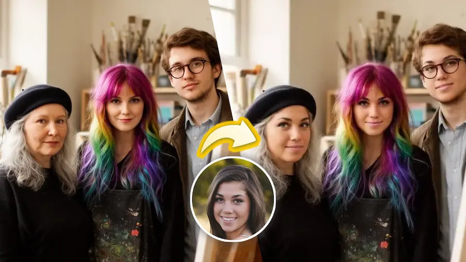 Batch face swap demo where all faces in a group photo are replaced with the same face, showing automatic detection and one-click replacement