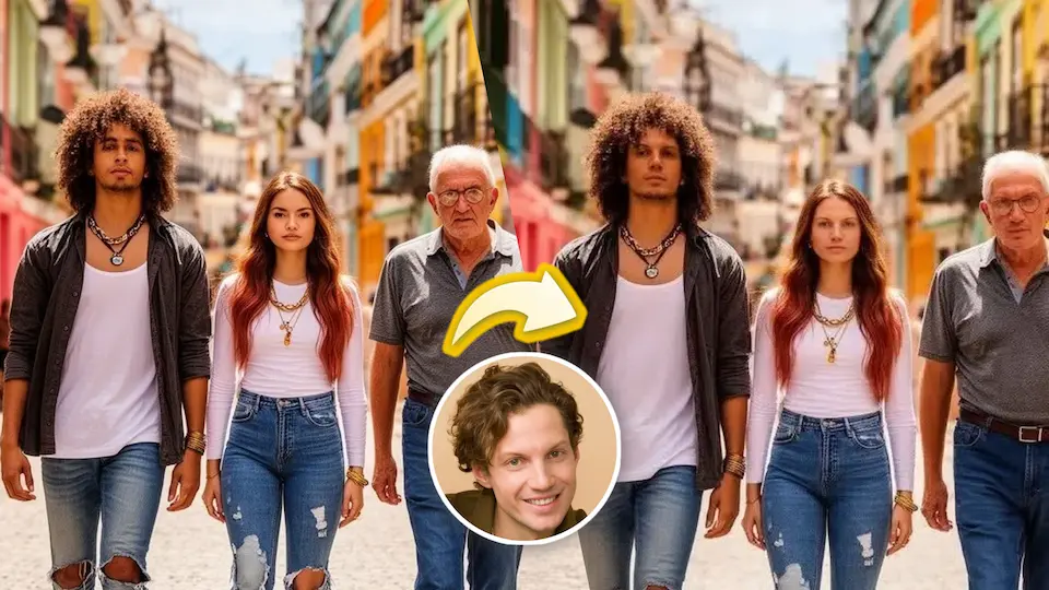 Batch face swap example showing all faces in a group photo replaced with one face using one-click automatic processing