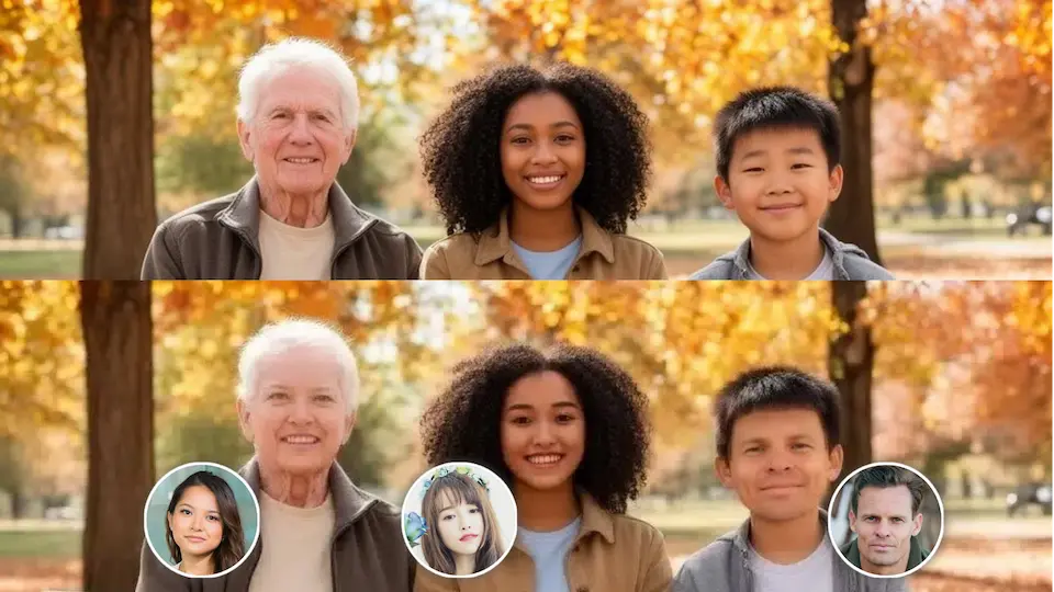 Multiple face swap tool detecting and highlighting individual faces in a group photo using smart AI recognition